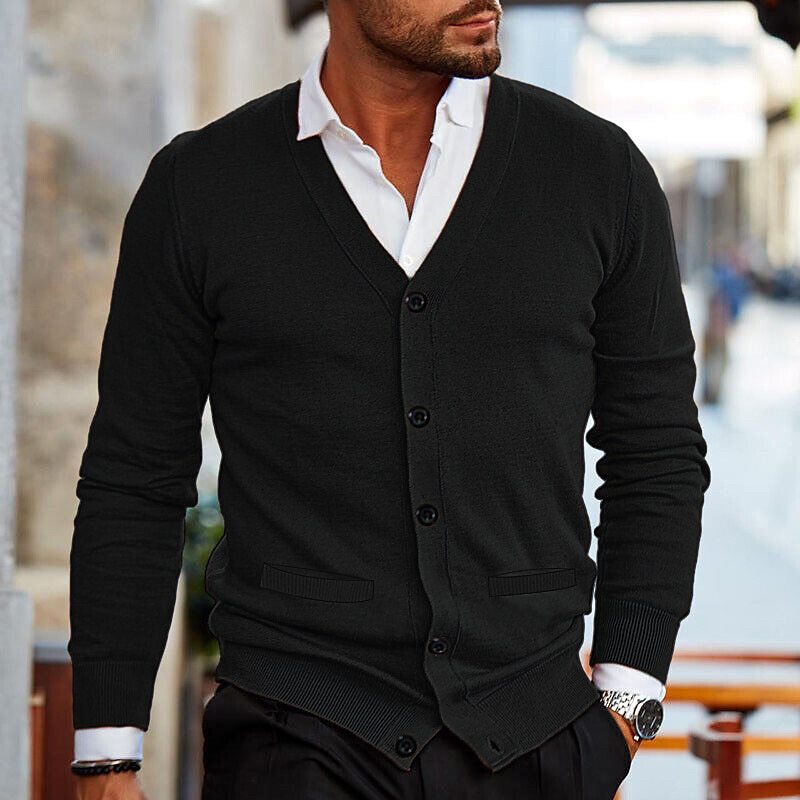 Herren-Strickjacke – V-Ausschnitt – zum Knöpfen – Strickjacke – Cardigan-Pullover-HauteBerlin