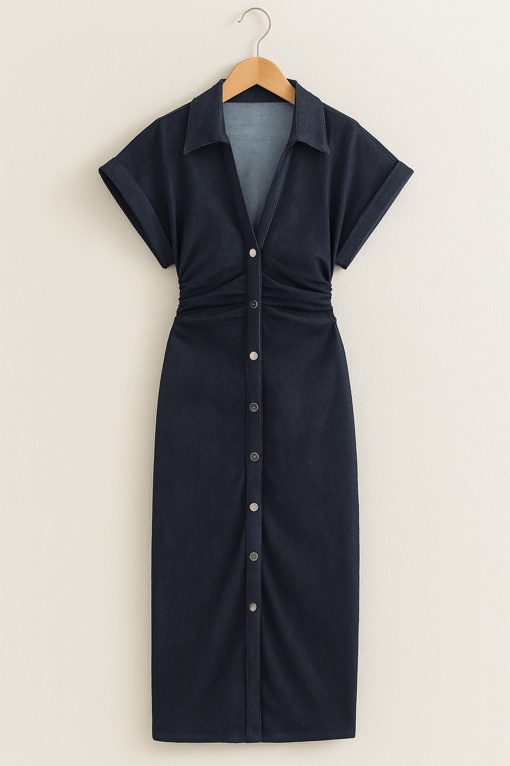 Mittellanges Kleid | Kurzarm | Mit Kragen | Knopfleiste | Hemdkleid-HauteBerlin