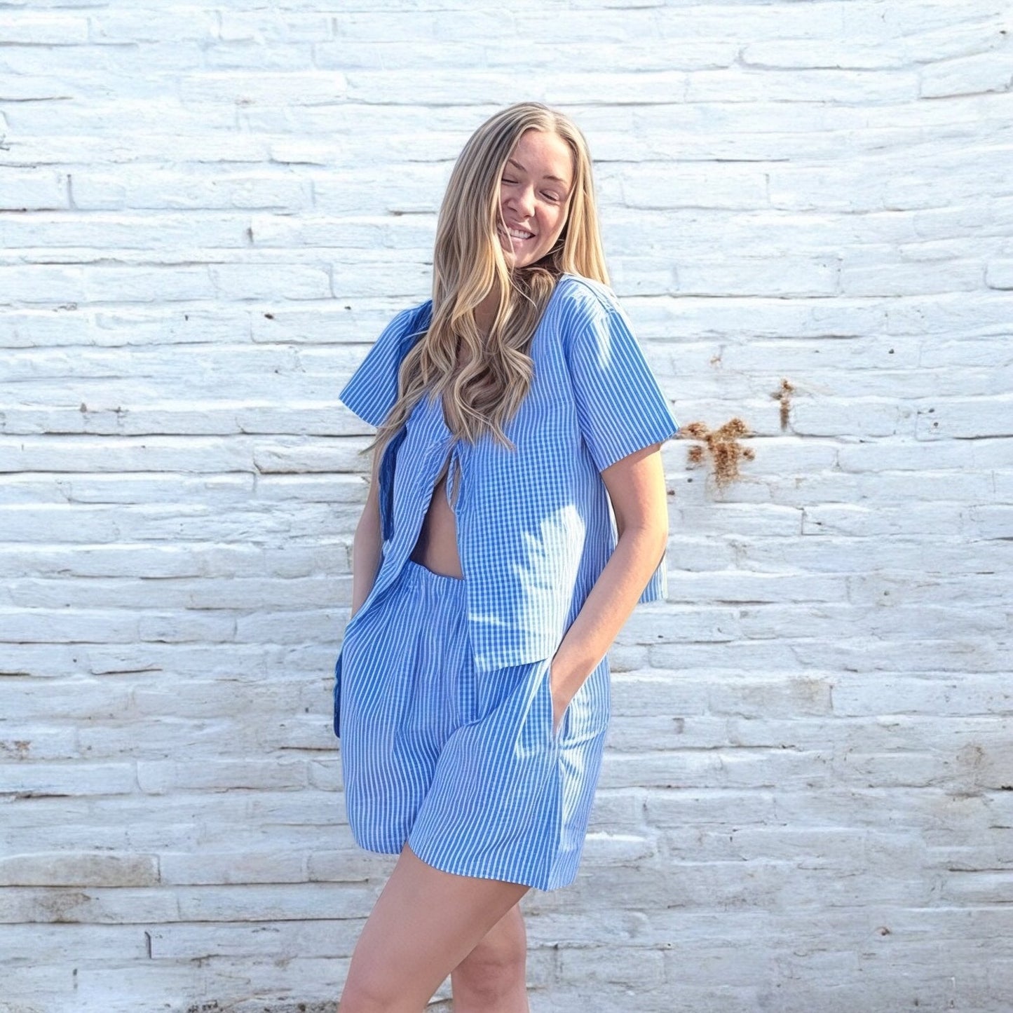 Zweiteiler Damen | Blau-Weiß Gestreift | Top & Shorts Sommer Set-HauteBerlin