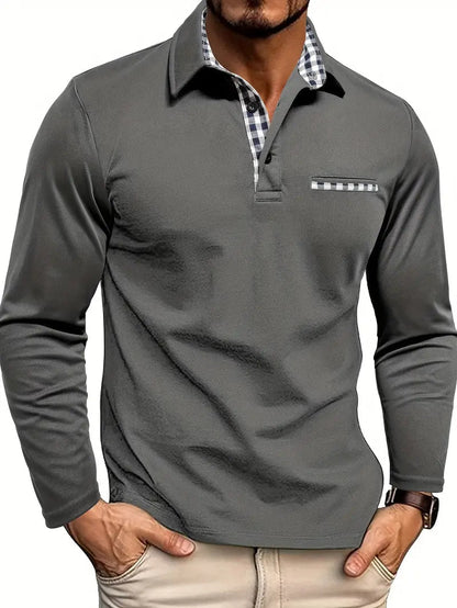 Poloshirt Herren | Langarm | Brusttasche | Karierter Kragen