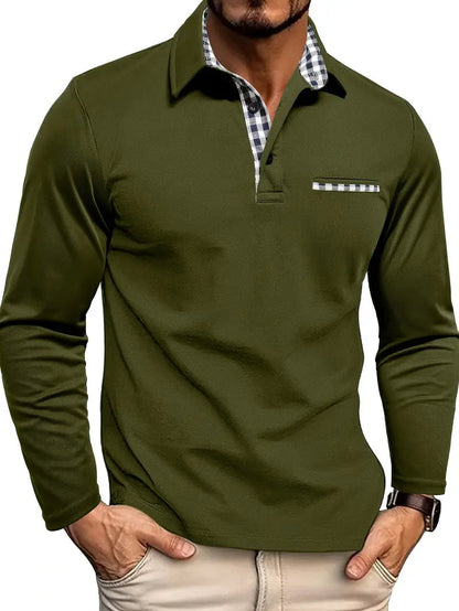 Poloshirt Herren | Langarm | Brusttasche | Karierter Kragen