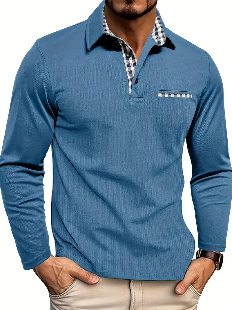 Poloshirt Herren | Langarm | Brusttasche | Karierter Kragen