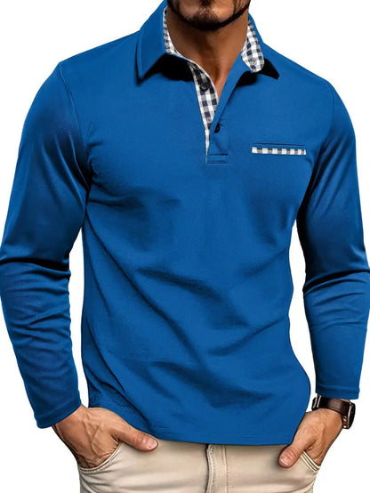 Poloshirt Herren | Langarm | Brusttasche | Karierter Kragen