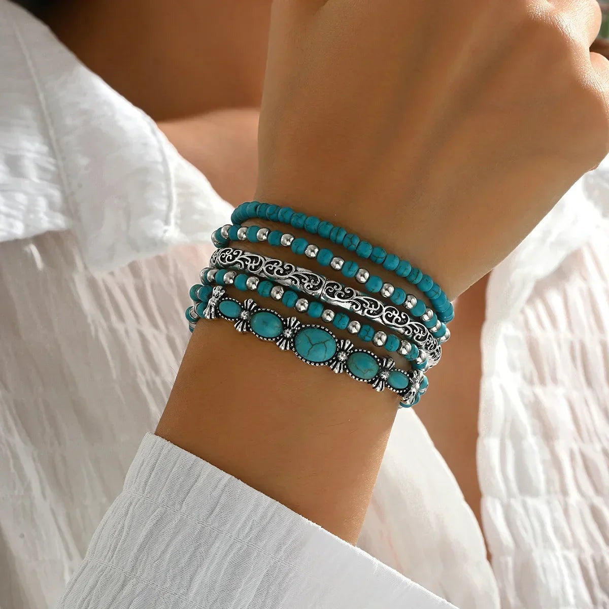 Armband Set Damen | Türkis Perlen | Boho | Fünf Armbänder-HauteBerlin