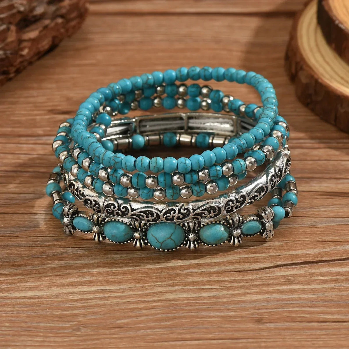 Armband Set Damen | Türkis Perlen | Boho | Fünf Armbänder-HauteBerlin