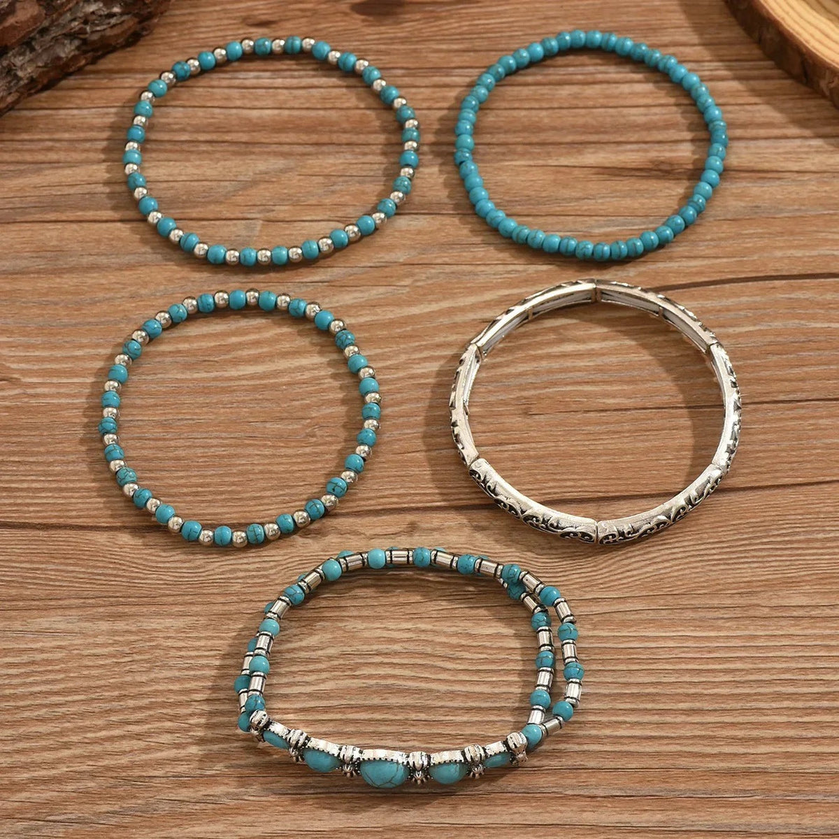Armband Set Damen | Türkis Perlen | Boho | Fünf Armbänder-HauteBerlin