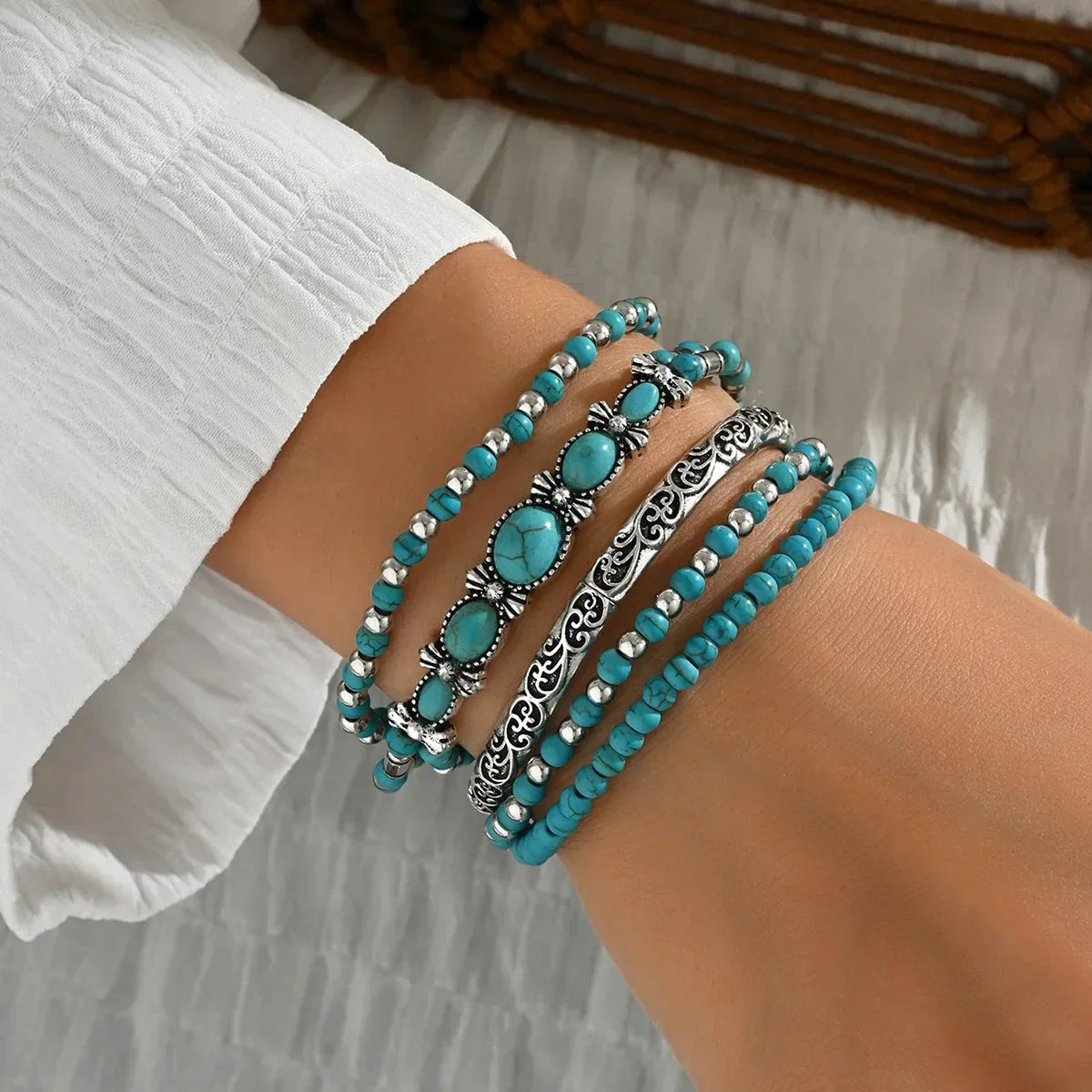Armband Set Damen | Türkis Perlen | Boho | Fünf Armbänder-HauteBerlin