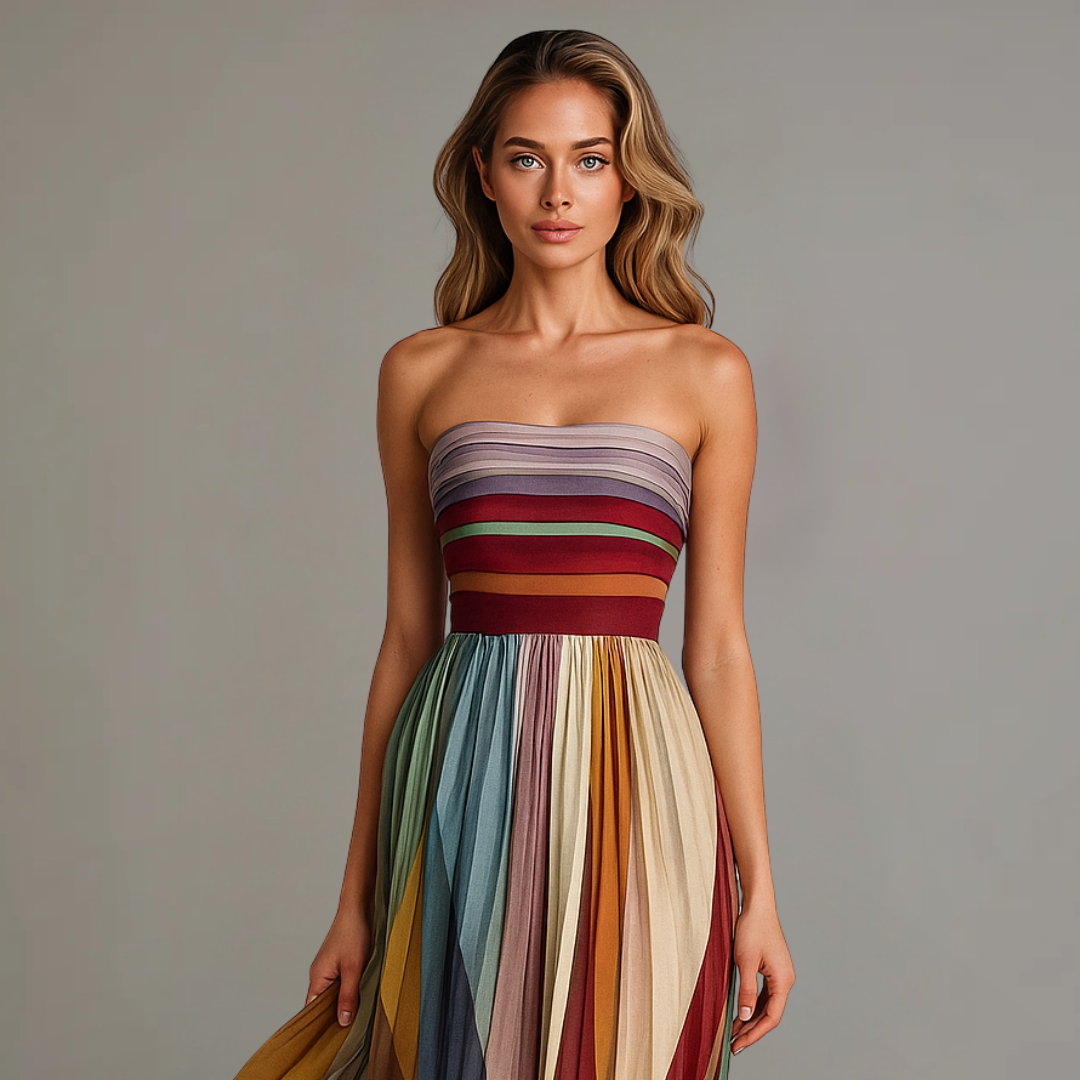 Bandeau Maxikleid Damen | Buntes Gestreiftes Sommerkleid | Plissiert-HauteBerlin