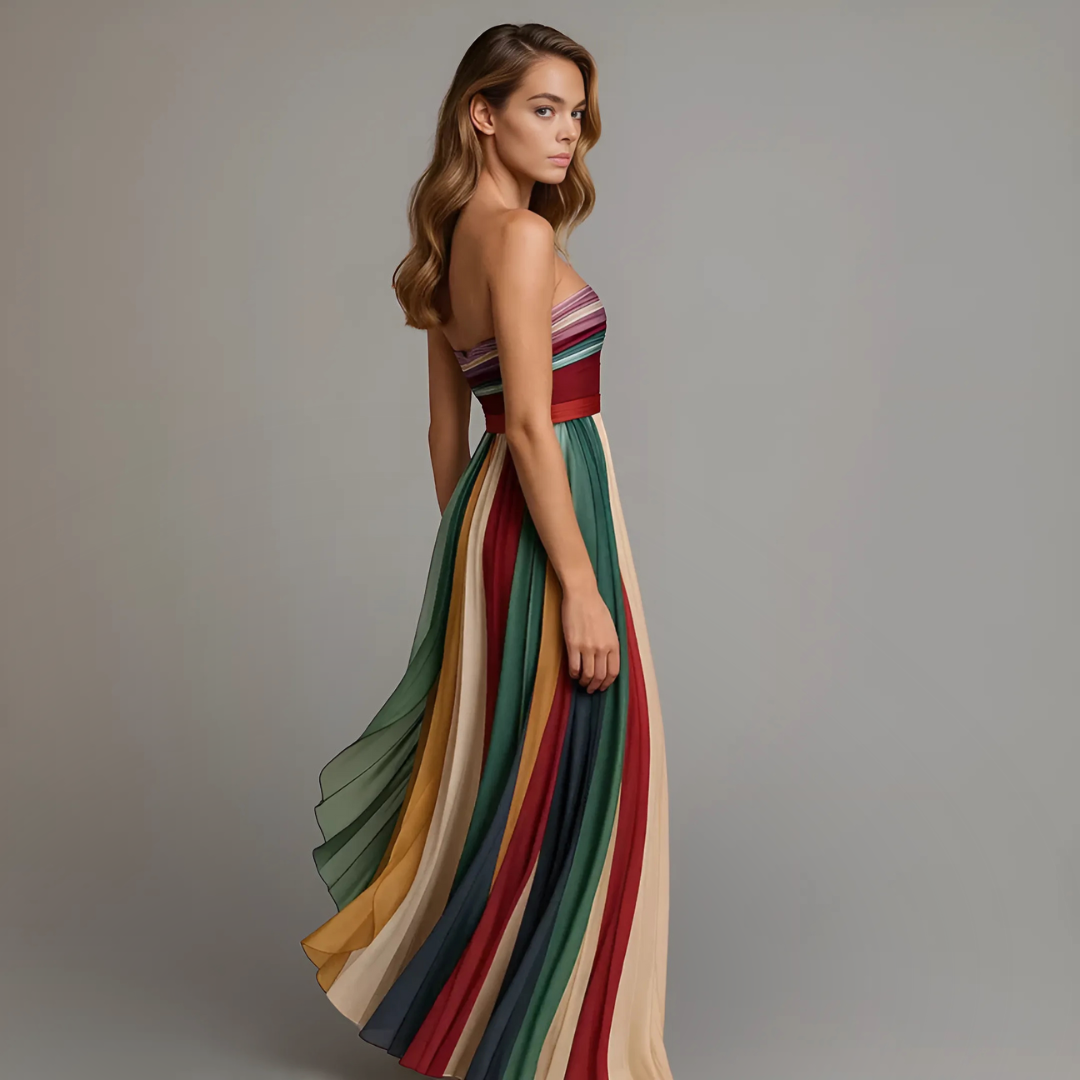 Bandeau Maxikleid Damen | Buntes Gestreiftes Sommerkleid | Plissiert-HauteBerlin