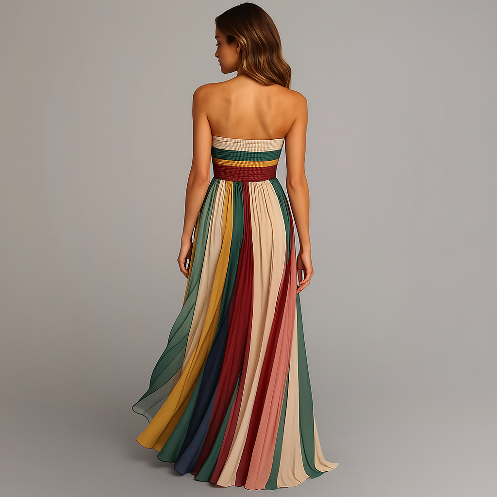 Bandeau Maxikleid Damen | Buntes Gestreiftes Sommerkleid | Plissiert-HauteBerlin