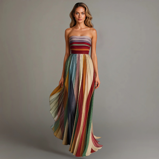 Bandeau Maxikleid Damen | Buntes Gestreiftes Sommerkleid | Plissiert-HauteBerlin