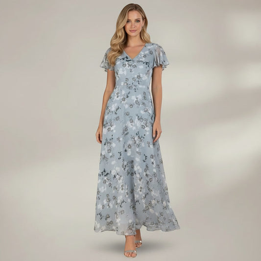 Blumen-Maxikleid Damen – Chiffon Sommerkleid in A-Linie mit V-Ausschnitt-HauteBerlin