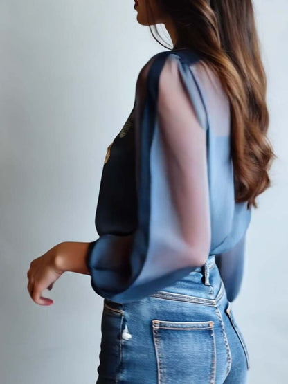 Blumenbluse | Blau | Damenbluse mit Knopfleiste-HauteBerlin