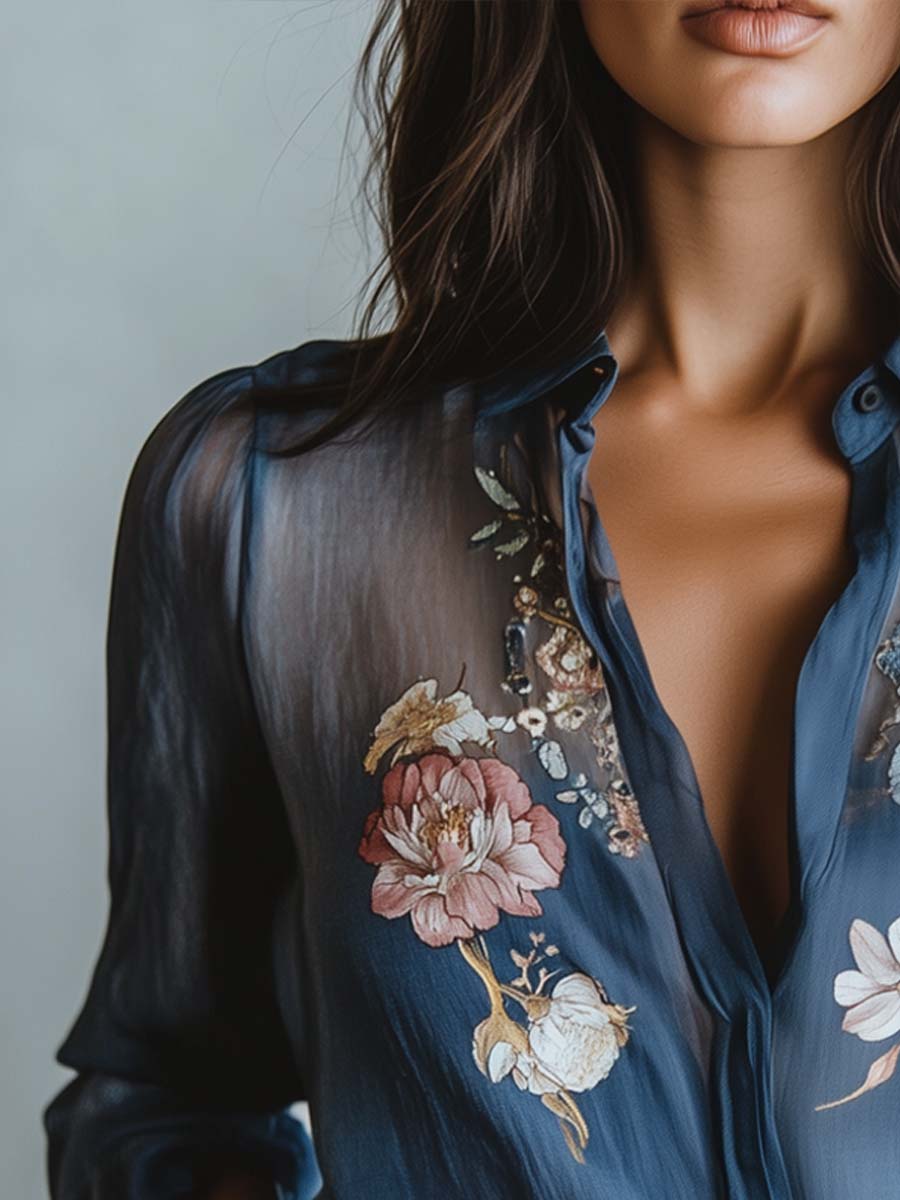 Blumenbluse | Blau | Damenbluse mit Knopfleiste-HauteBerlin