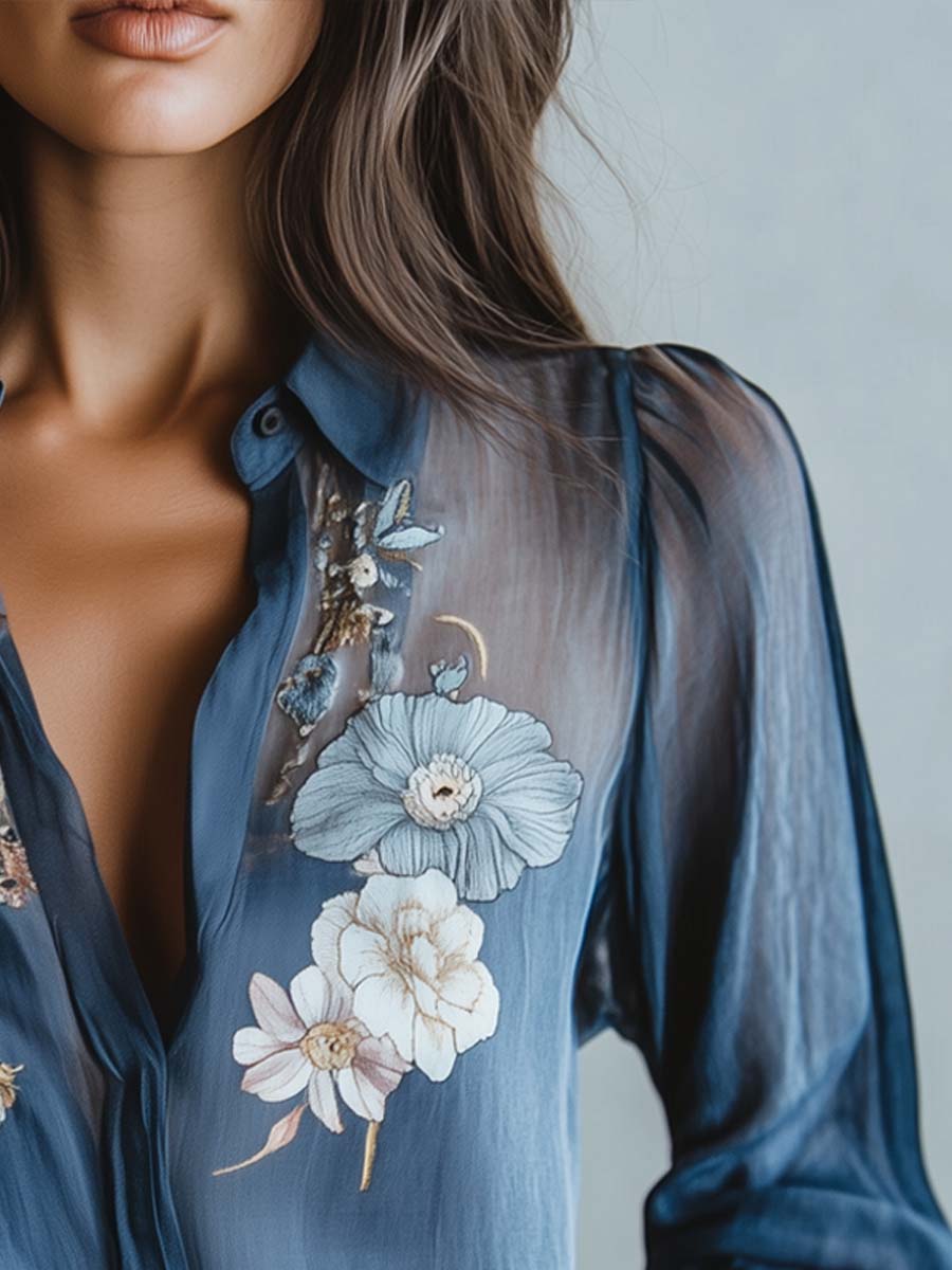 Blumenbluse | Blau | Damenbluse mit Knopfleiste-HauteBerlin