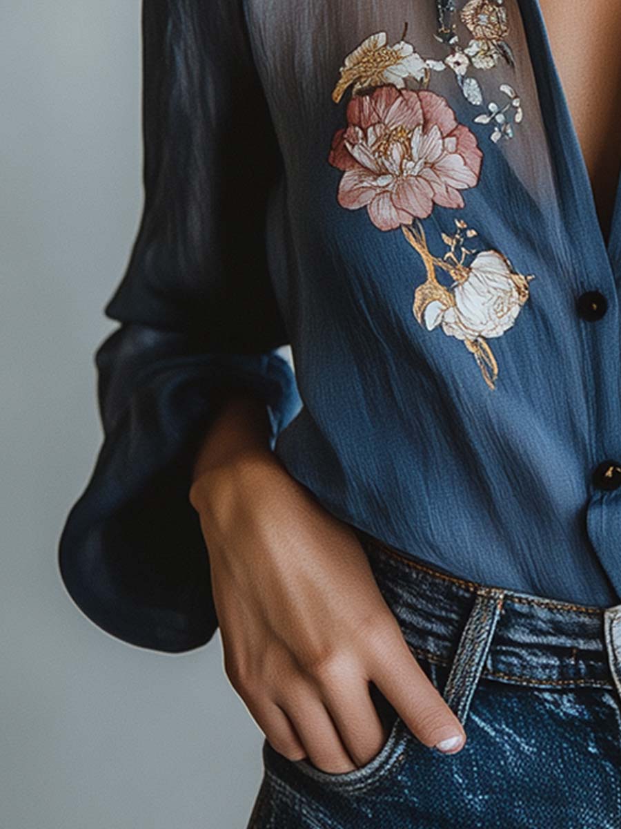 Blumenbluse | Blau | Damenbluse mit Knopfleiste-HauteBerlin