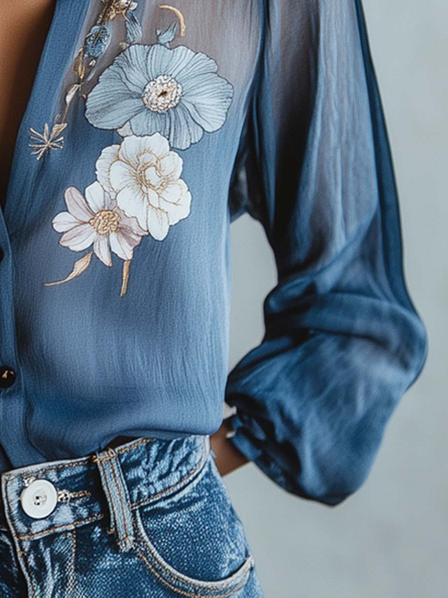 Blumenbluse | Blau | Damenbluse mit Knopfleiste-HauteBerlin
