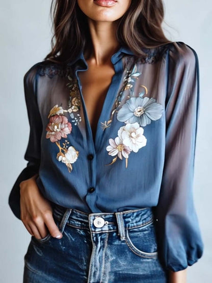 Blumenbluse | Blau | Damenbluse mit Knopfleiste-HauteBerlin