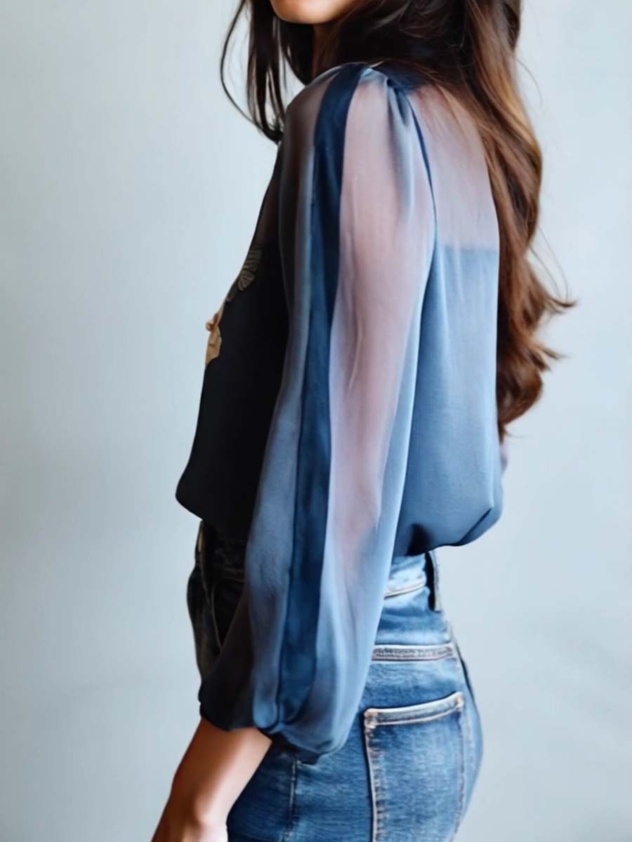 Blumenbluse | Blau | Damenbluse mit Knopfleiste-HauteBerlin
