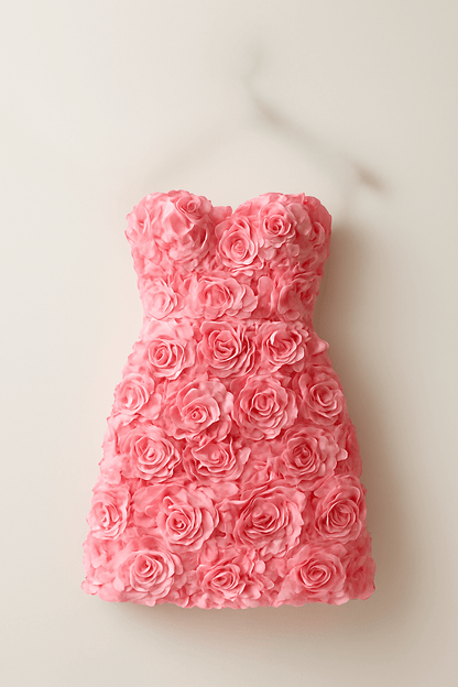 Blumenkleid – Rosa – Rose – Minikleid – Trägerloses Kleid-HauteBerlin