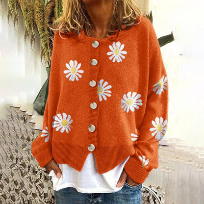 Blumenmuster-Strickjacke | Mit Knöpfen | Oversized | Strickjacke | Damen-Strickjacke-HauteBerlin
