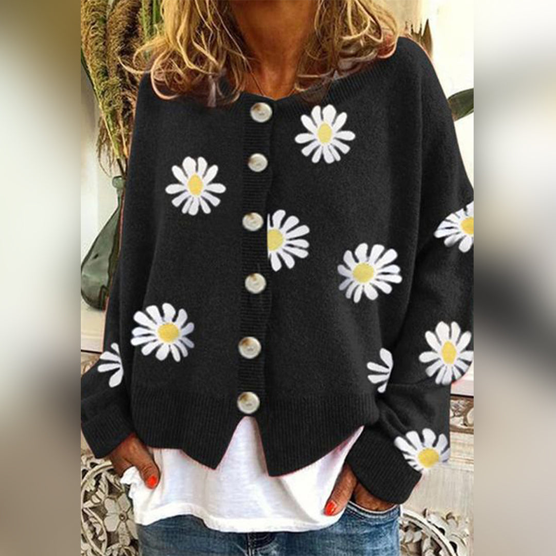 Blumenmuster-Strickjacke | Mit Knöpfen | Oversized | Strickjacke | Damen-Strickjacke-HauteBerlin