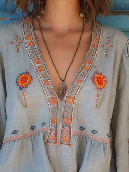 Boho Bluse | Loose Fit | Bestickt | Langarm Bluse | Damen Sommerbluse-HauteBerlin