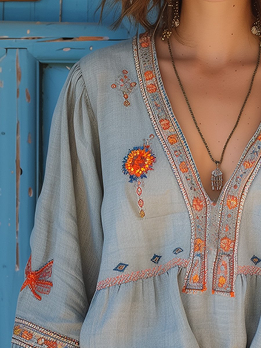 Boho Bluse | Loose Fit | Bestickt | Langarm Bluse | Damen Sommerbluse-HauteBerlin