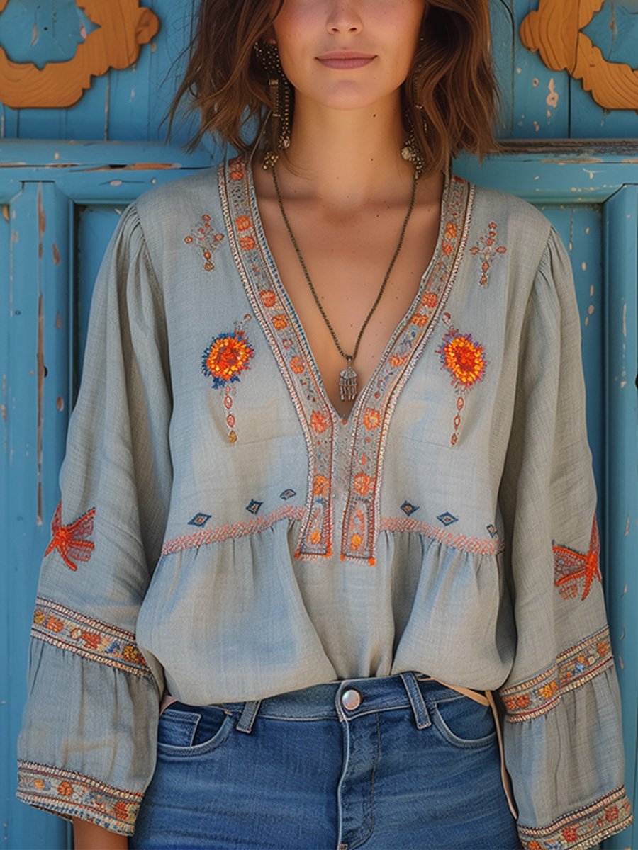 Boho Bluse | Loose Fit | Bestickt | Langarm Bluse | Damen Sommerbluse-HauteBerlin