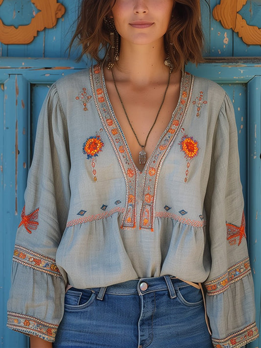 Boho Bluse | Loose Fit | Bestickt | Langarm Bluse | Damen Sommerbluse-HauteBerlin