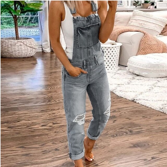 Denim Overalls - Ärmelloser Jumpsuit aus zerrissenem Denim für Frauen-HauteBerlin