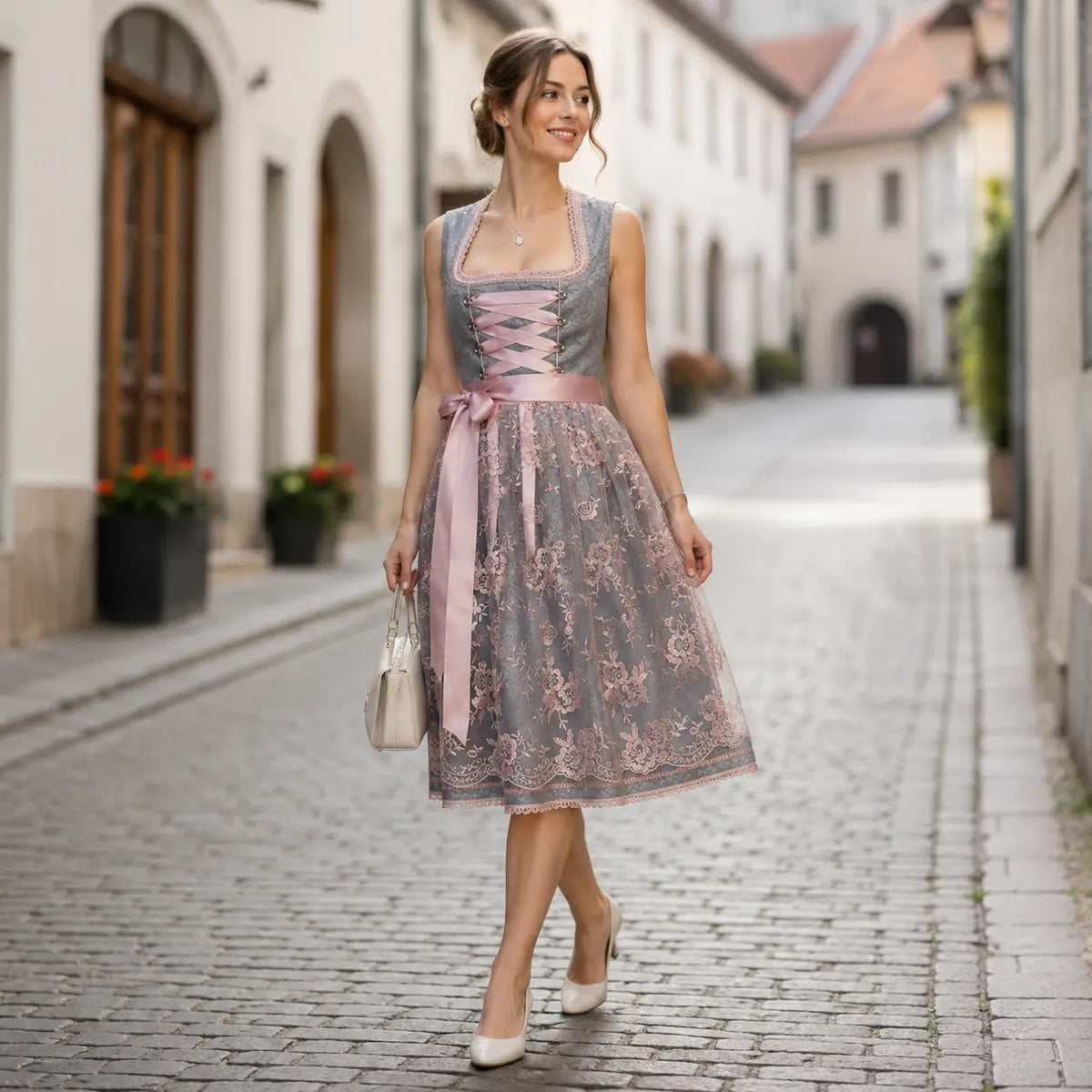 Dirndl - Damen Spitze Traditionell Silber Oktoberfest-HauteBerlin