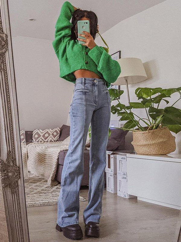 Flared Jeans - Hellblaue High Waisted Jeans mit Sternendruck für Frauen-HauteBerlin