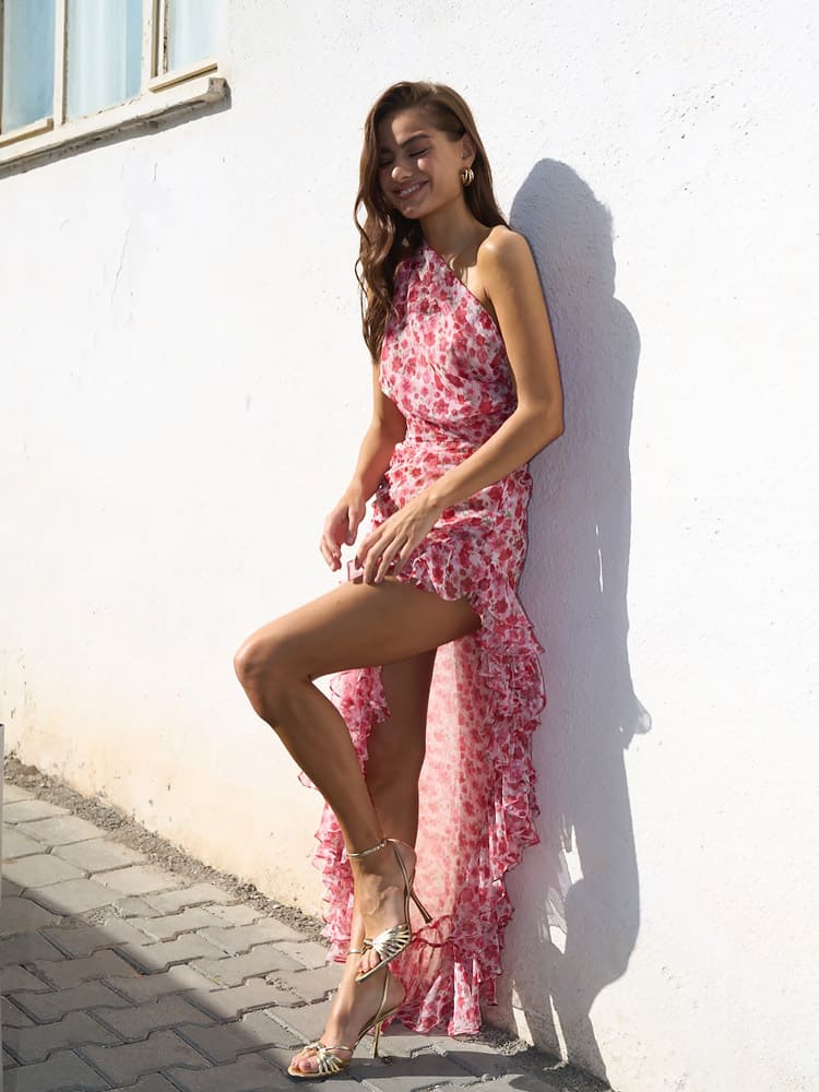 Florales Kleid - Rosa - Asymmetrisch - Ein-Schulter-Kleid - Sommerkleid-HauteBerlin