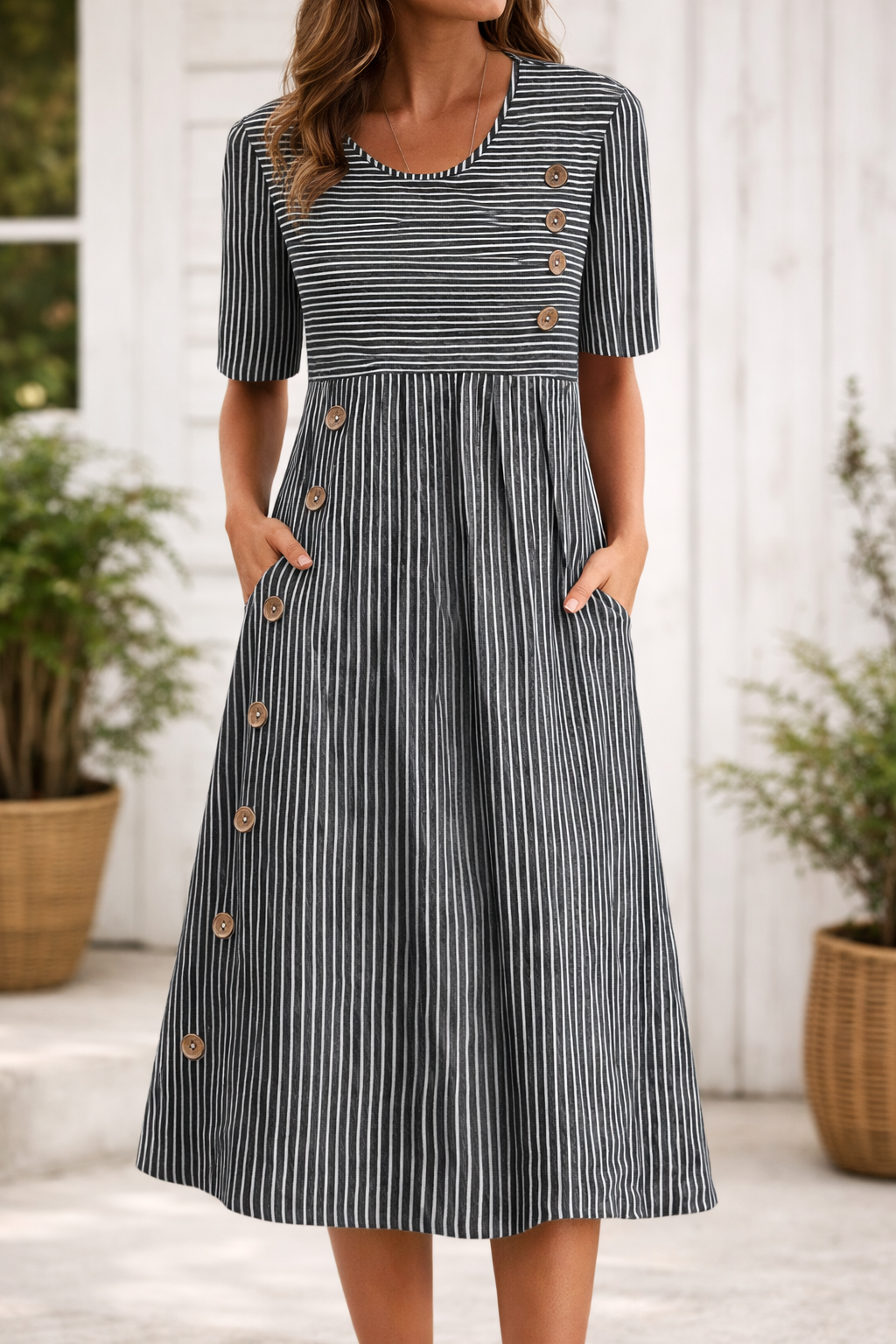Gestreiftes Kleid – Lässig – Kurze Ärmel – Midikleid – Sommerkleid-HauteBerlin