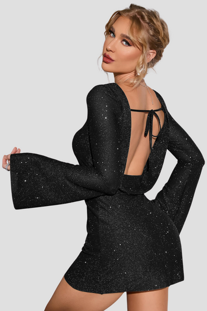 Glitzerkleid | Lange Ärmel | Mini | Rückenfreies Kleid | Abendkleid-HauteBerlin