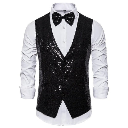 Glitzerweste – ärmellose, einreihige Partyweste und Fliege für Herren mit Glitzersteinen-HauteBerlin