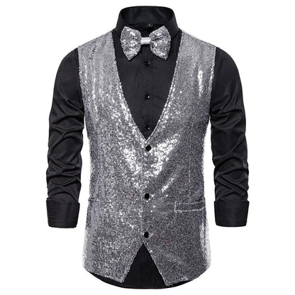 Glitzerweste – ärmellose, einreihige Partyweste und Fliege für Herren mit Glitzersteinen-HauteBerlin