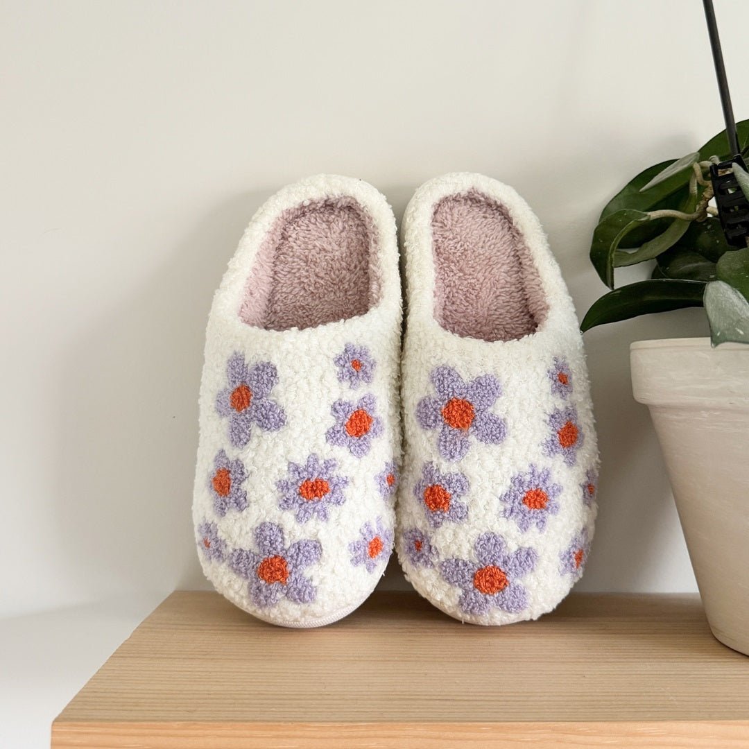 Hausschuhe Damen - Blumen Lila Plüsch Weich-HauteBerlin
