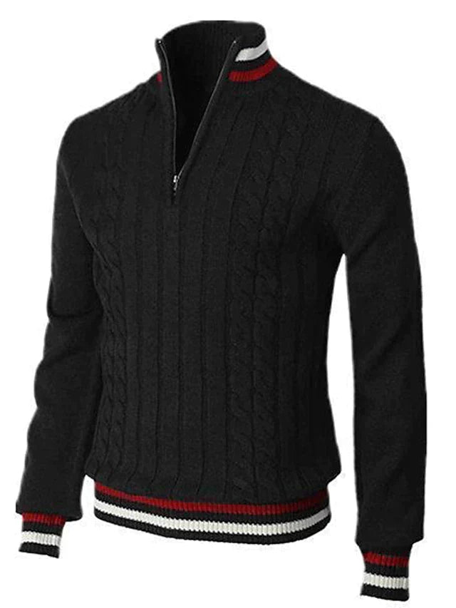 Herrenpullover mit Viertelreißverschluss | Zopfmuster | Gestrickt | Polopullover | Pullover mit halbem Reißverschluss für Herren-HauteBerlin