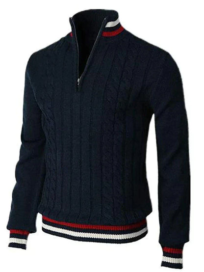 Herrenpullover mit Viertelreißverschluss | Zopfmuster | Gestrickt | Polopullover | Pullover mit halbem Reißverschluss für Herren-HauteBerlin