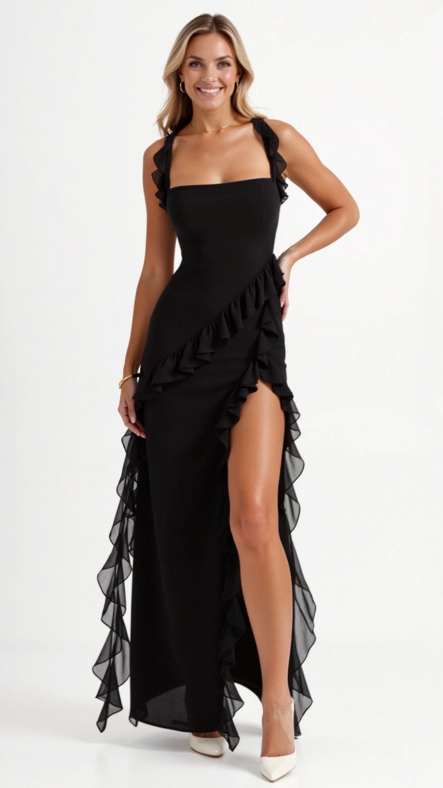 Abendkleid Damen | Rüschen | Schlitz | Eckiger Ausschnitt | Fünf Farben-HauteBerlin
