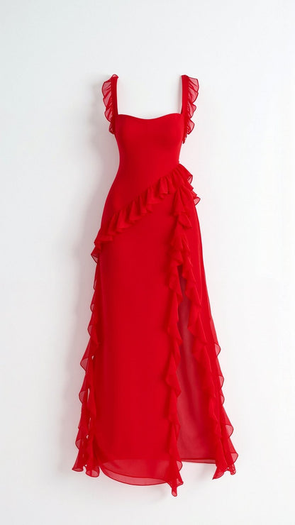 Abendkleid Damen | Rüschen | Schlitz | Eckiger Ausschnitt | Fünf Farben-HauteBerlin