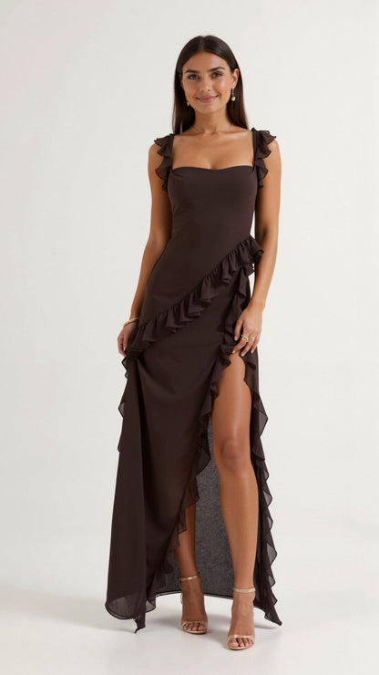 Abendkleid Damen | Rüschen | Schlitz | Eckiger Ausschnitt | Fünf Farben-HauteBerlin