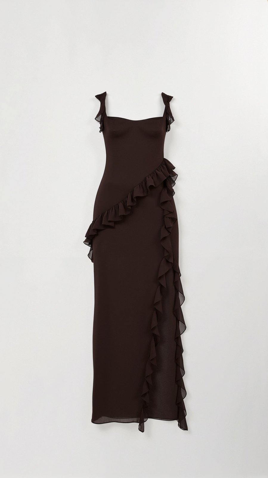 Abendkleid Damen | Rüschen | Schlitz | Eckiger Ausschnitt | Fünf Farben-HauteBerlin