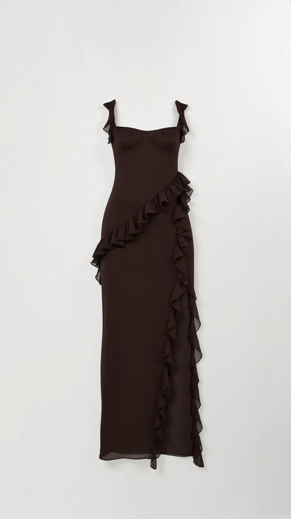Abendkleid Damen | Rüschen | Schlitz | Eckiger Ausschnitt | Fünf Farben-HauteBerlin