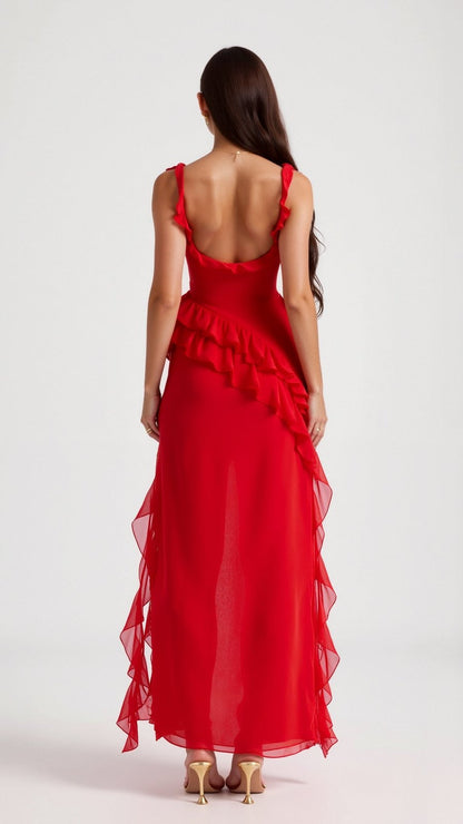 Abendkleid Damen | Rüschen | Schlitz | Eckiger Ausschnitt | Fünf Farben-HauteBerlin