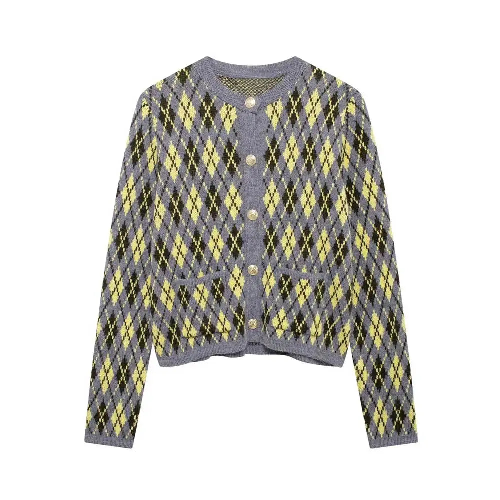 Karierte Strickjacke | Argyle-Muster | Mit Knöpfen | Strickjacke | Damenstrickmode-HauteBerlin