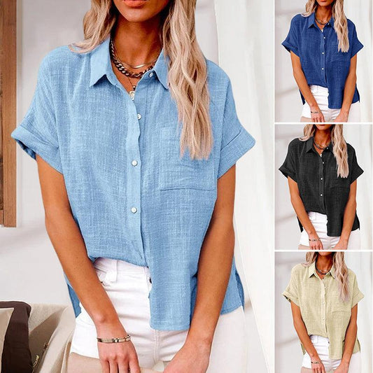 Knopfbluse | Mit Kragen | Kurzarm | Leinenbluse | Damenbluse-HauteBerlin
