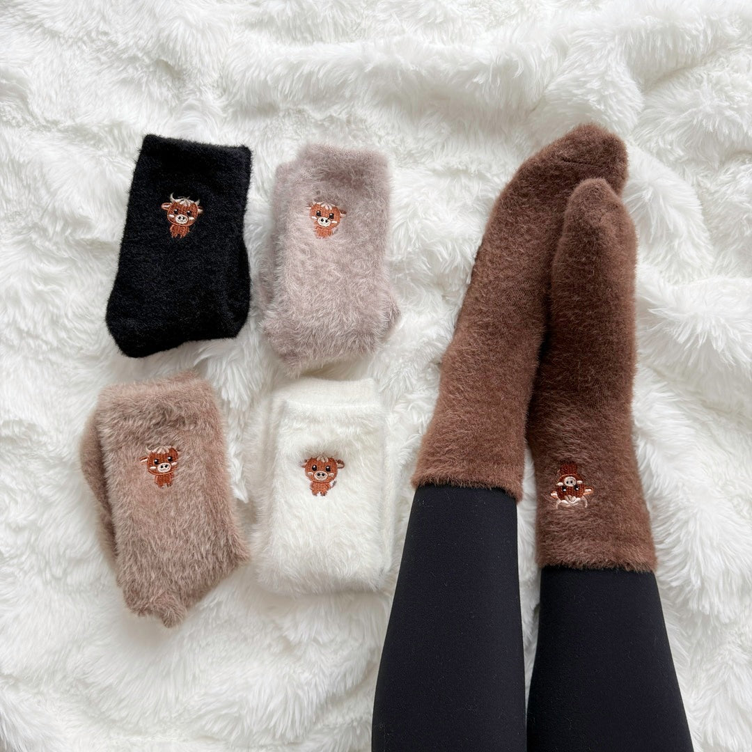 Kuschelsocken Damen | Fünferpack | Flauschig | Highland Kuh Stickerei-HauteBerlin
